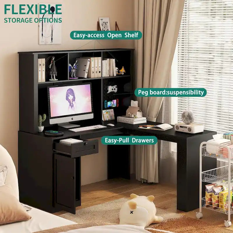 L Shaped Desk with outlet, Computer Desk with Drawers, Bookshelf & Hutch, Modern Corner Desk, Home Office Desk