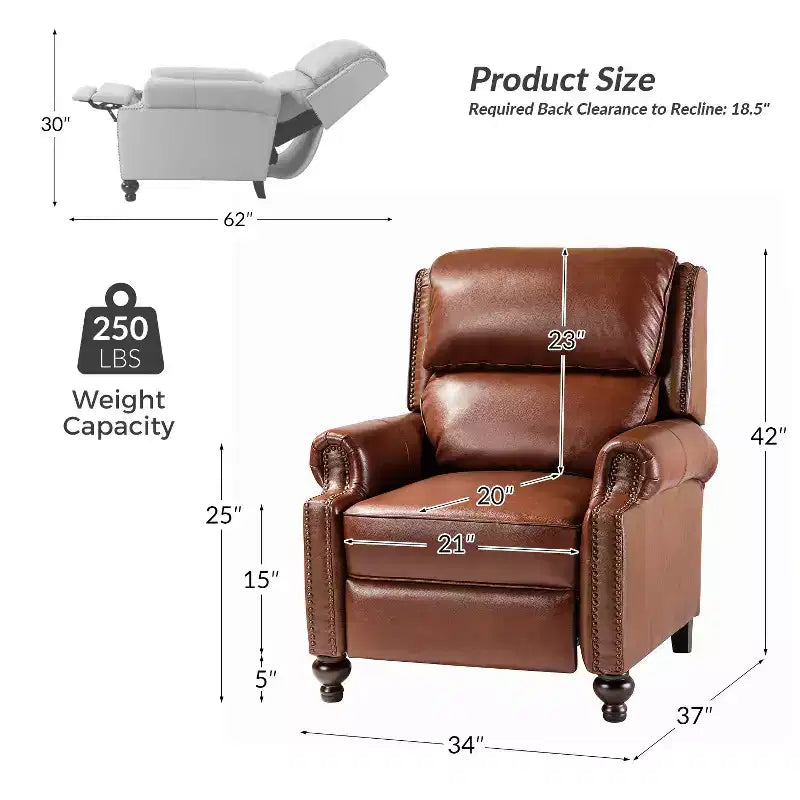 Set of 2 Elisabete Modern Wingback Genuine Leather Recliner with Vintage Nail Head Trim for Living Room and Bedroom| ART OF LIVING DESIGNS