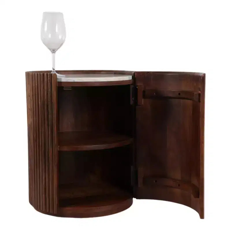 Decorative Ribbed Wooden Side Table with Marble Top and Storage - Small Home Decor Table Stand for Bedroom or Living Room Decor