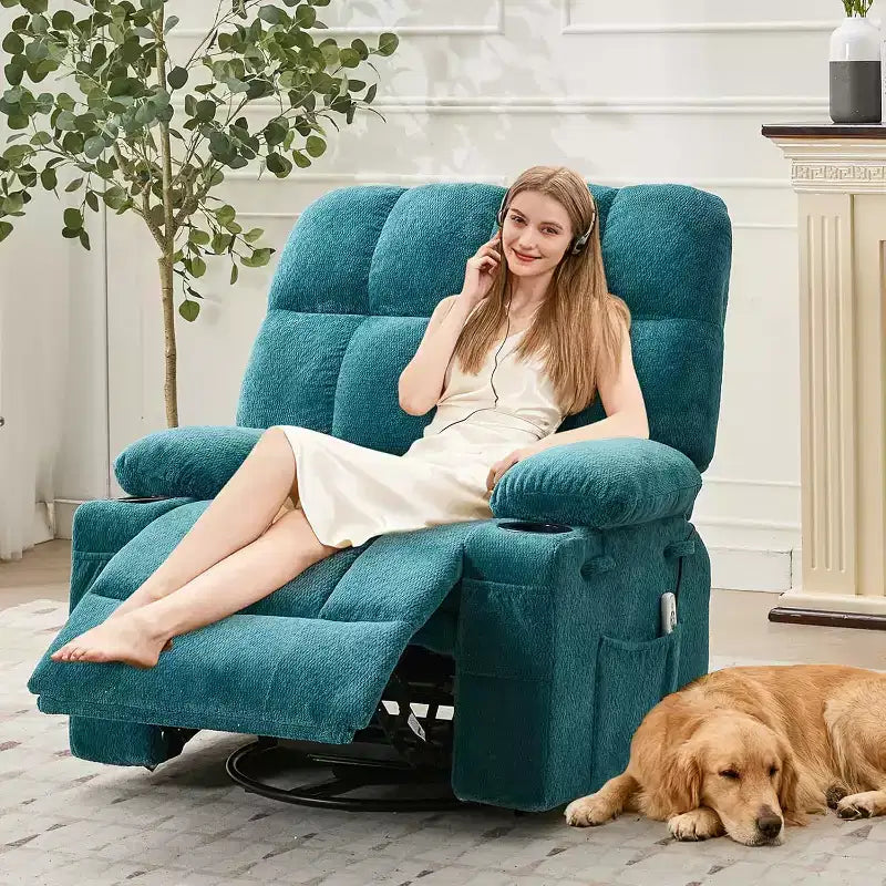 Oversized Recliner Chair for Adults, Manual Swivel Rocker Sofa, Side Pockets & Cup Holders for Big and Tall Persons, Living Room