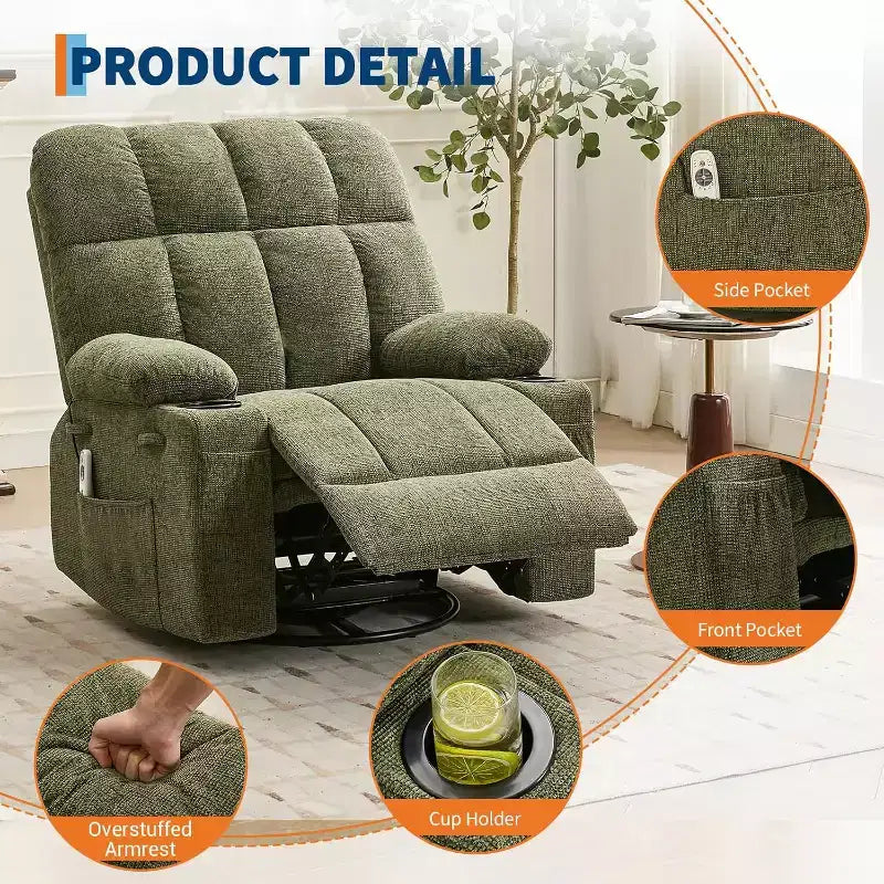 Oversized Recliner Chair for Adults, Manual Swivel Rocker Sofa, Side Pockets & Cup Holders for Big and Tall Persons, Living Room