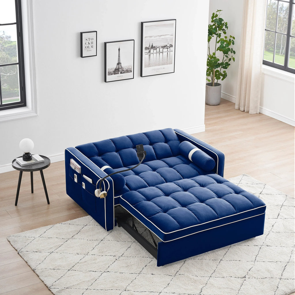 Velvet Convertible 55'' 2-Seater Sleeper Sofa with Pull-Out Bed, Adjustable Recline, Side Pockets, and Phone Holder