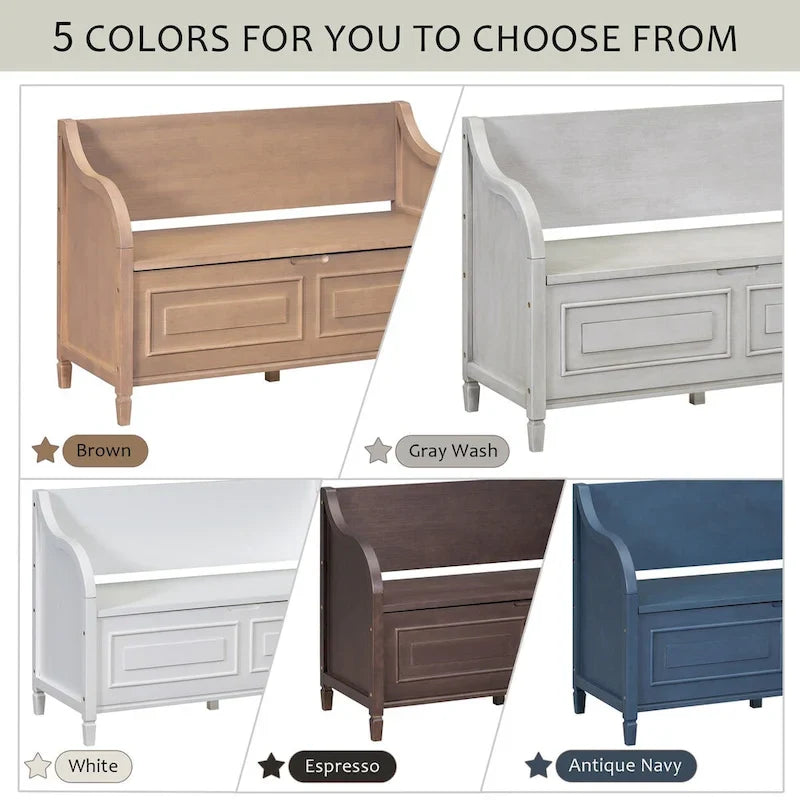 Rustic Solid Wood Entryway Storage Bench with Safety Hinge