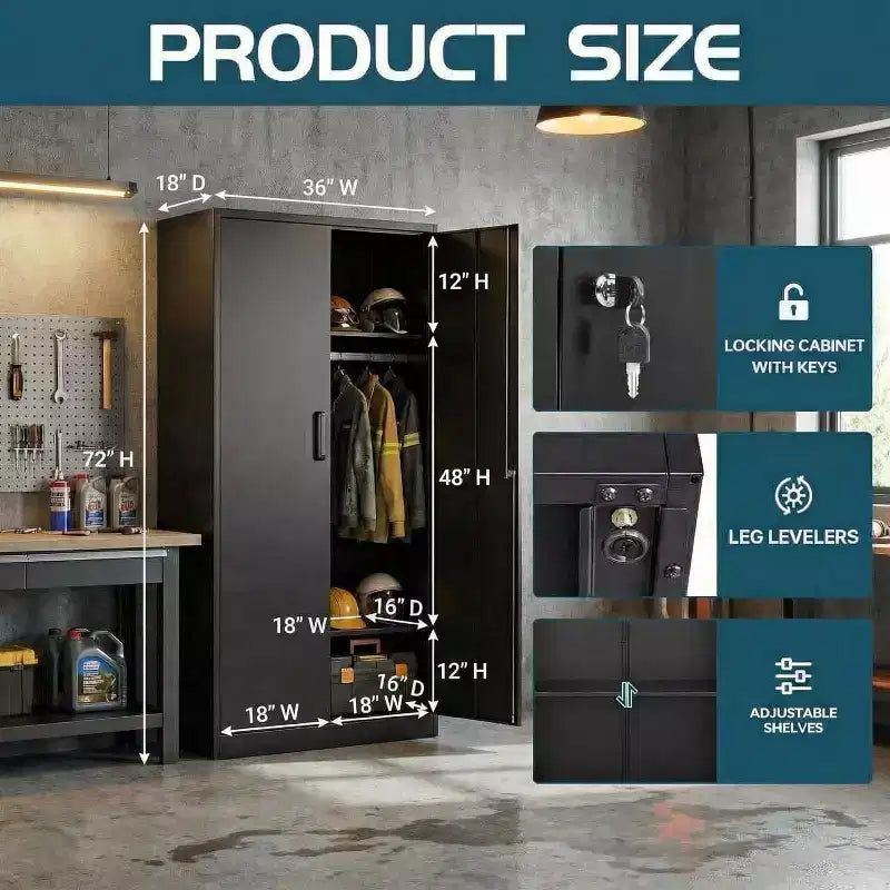 72in Wardrobe Cabinet with Lock, Black Metal Garage Storage Cabinets with Adjustable Shelves & Hanging Rod, Metal Cabinet Storage for Home, Bedroom