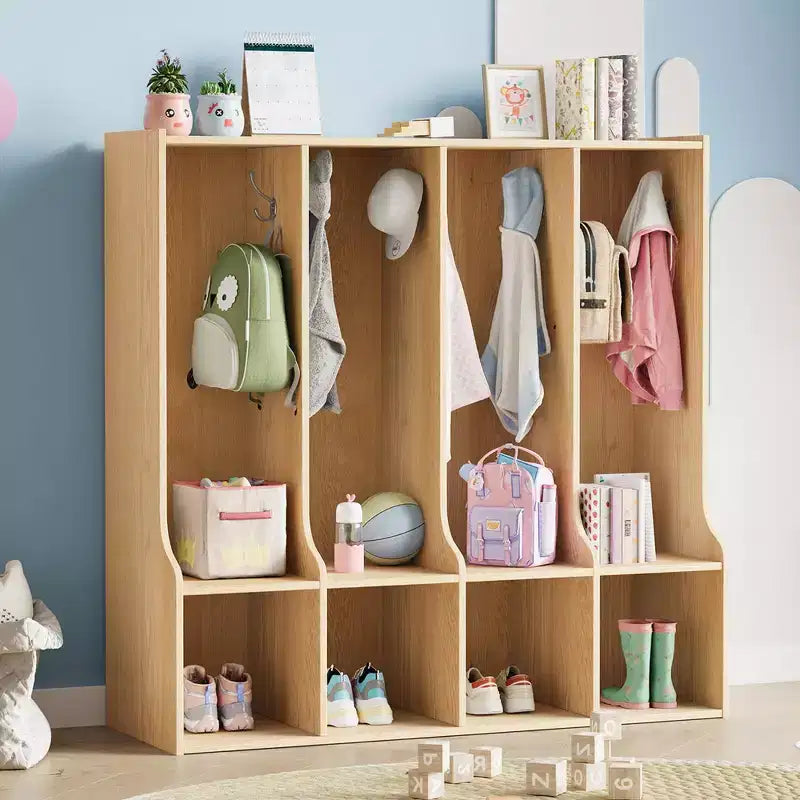 Brown/White 4-Section Cubby Locker with 8 Hooks, for Kids
