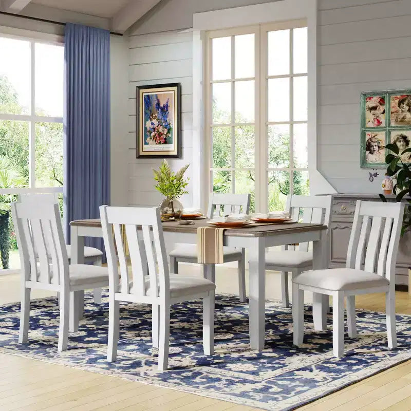Ensemble de salle à manger extensible de style ferme pour 6 personnes, table rectangulaire et 6 chaises rembourrées
