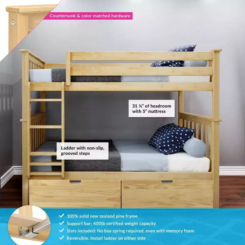 Solid Wood Twin over Twin Bunk Bed for Kids with Underbed Storage Drawers