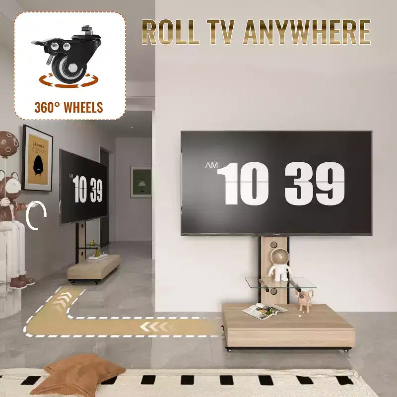 Meuble TV pour téléviseurs de 32 à 75 pouces, Chariot TV mobile à hauteur réglable avec tiroir et roulettes pour salon, chambre, bureaux -ModernLuxe