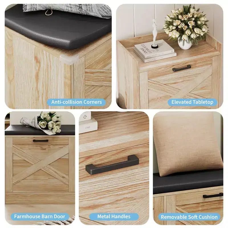 Farmhouse Shoe Cabinet, Wooden Entryway Bench with 4 Flip Drawers, Narrow Hidden Shoe Organizer, Freestanding Shoe Rack for Hallway Foyer