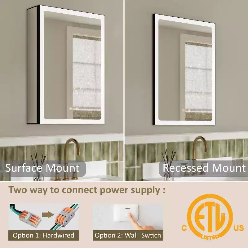Armoire de toilette avec miroir LED, montage en saillie ou encastré, lumière dimmable, anti-buée, étagères réglables