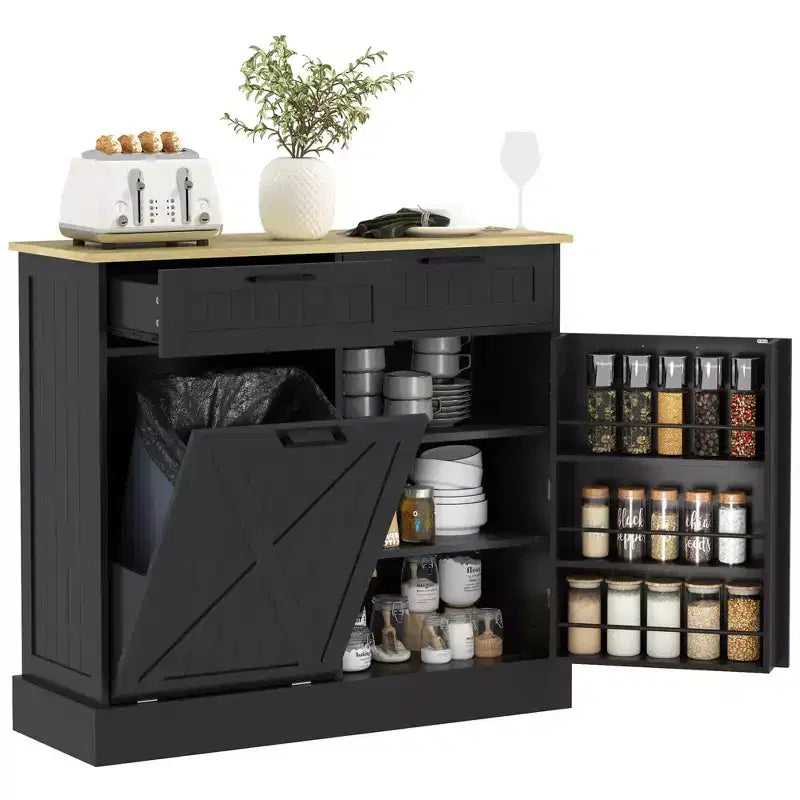HOMCOM Tilt Out Trash Can Cabinet with Drawers, Farmhouse Kitchen Cabinet with Hidden Trash Can for Kitchen