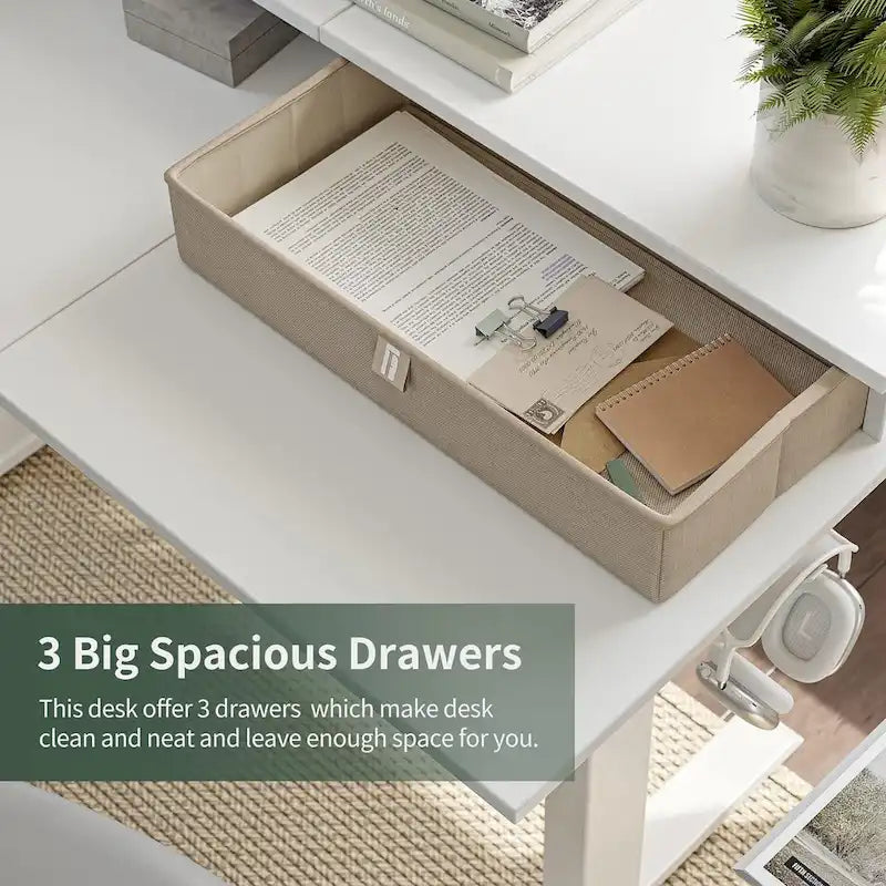 L-Shaped Electric Standing Desk with 3 Drawers & Lockable Casters, 63