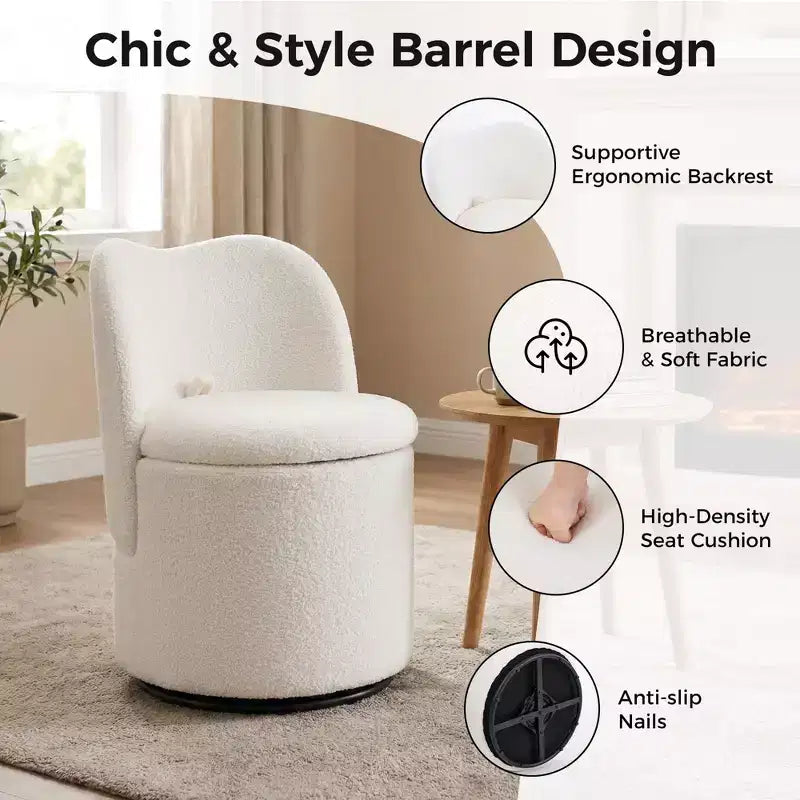 Swivel Vanity Chair with Storage, Upholstered Round Makeup Stool with Back, Soft Padded Barrel Accent Armchair for Bedroom & Living Room