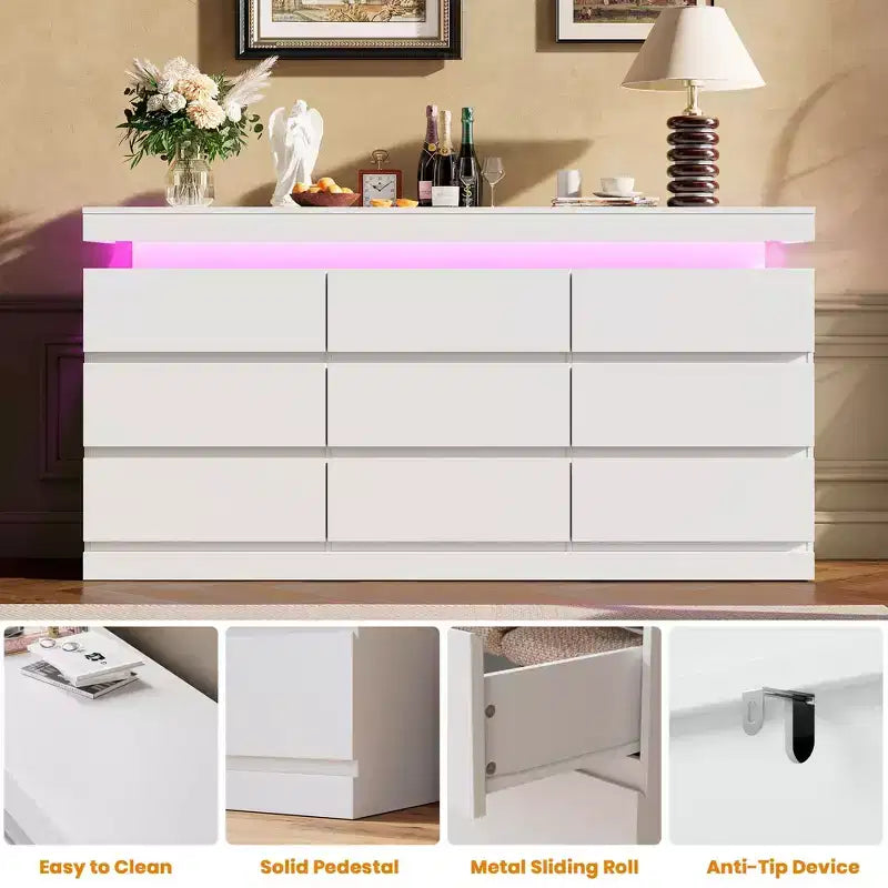 9 Drawer Dresser for Bedroom, Chest of Drawers with Charging Station & LED Lights, Double Wooden Closet Storage Cabinet, Modern Dresser TV Stand