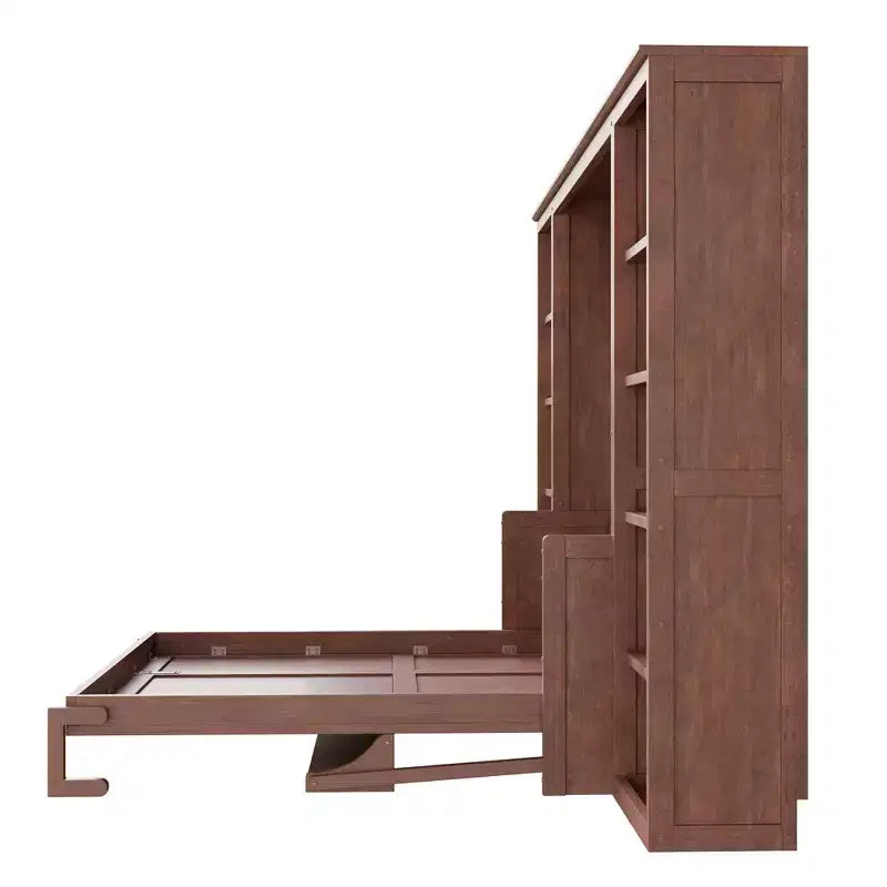 Full/Queen Size Murphy Bed Space-Saving Wall Bed with Desk and Bookshelf, Dark Brown - ModernLuxe