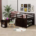 Full Size Low Loft Bed with Rolling Desk, 3 Drawers and Shelves
