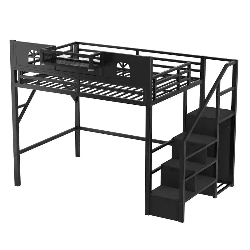 ModernLuxe Full/Queen Loft Bed with Stairs & Built-in Wardrobe, Metal Bed Frame with LED Lights, USB Charging Station & Storage Shelves