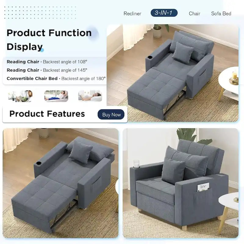 Adjustable Sleeper Chair Bed, 3-in-1 Convertible, Multiple Colors, Fits 1 Person