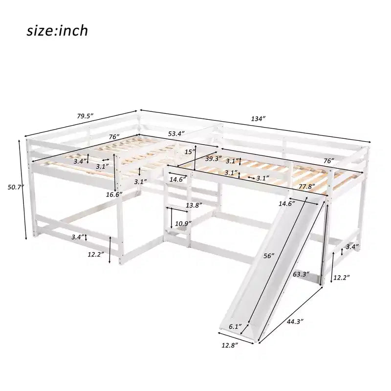 L Shaped Bunk Bed for 4 Kids, Quad Bunk Bed with Slide Full and Twin Wood Bunk Frame for Bedroom Dorm