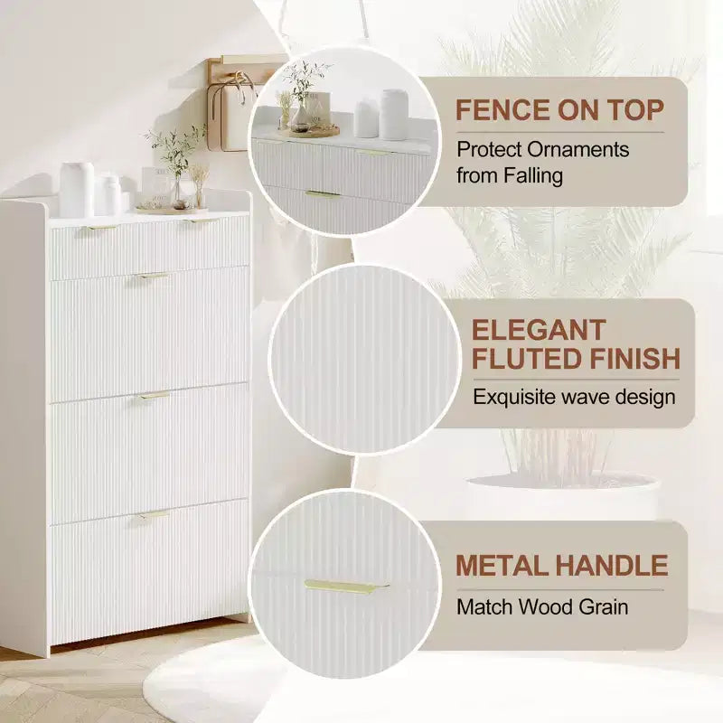 Modern White Shoe Cabinet with 3 Flip Drawers & 2 Small Drawers & Hook, Slim Fluted Shoe Storage Organizer, Narrow Entryway Cabinet