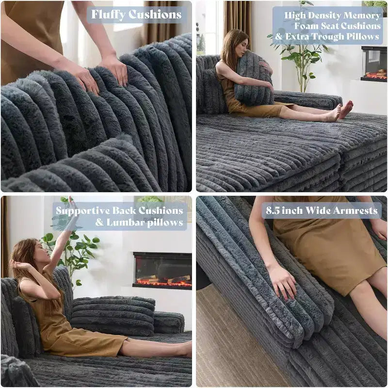 AMERLIFE 93 Double Chaise Lounge Sofa for Two, Deep Seat Cloud Couch with Lumbar Pillows & Wide Armrests, Easy Assembly, Faux Fur