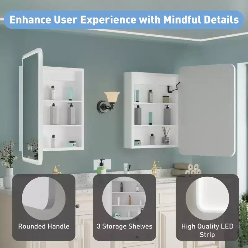 Black / White / Gold LED Medicine Cabinet, Single Door, Left or Right Hinge, Recessed or Wall-Mounted