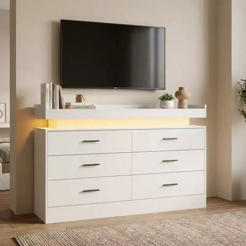 Modern TV Stand with 6 Drawers & LED Lights, Floating Countertop Coffee Bar for Living Room Entertainment Center