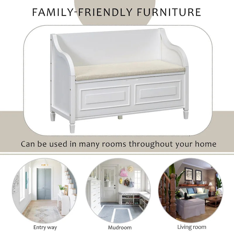 Rustic Solid Wood Entryway Storage Bench with Safety Hinge