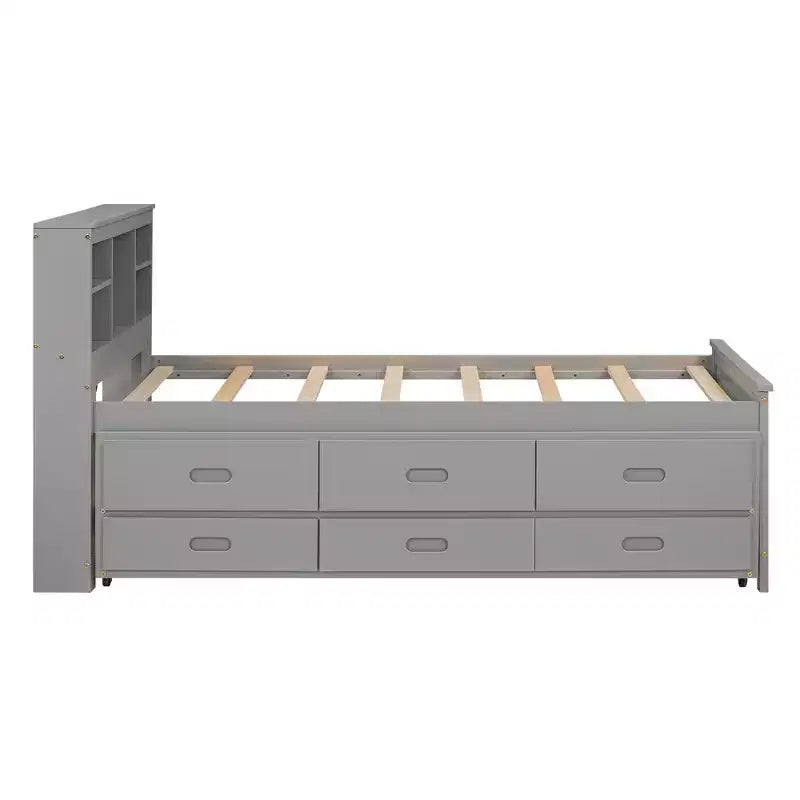 Platform Bed with Trundle and Drawers, Storage Platform Bed with USB, Wood Platform Bed with Bookcase