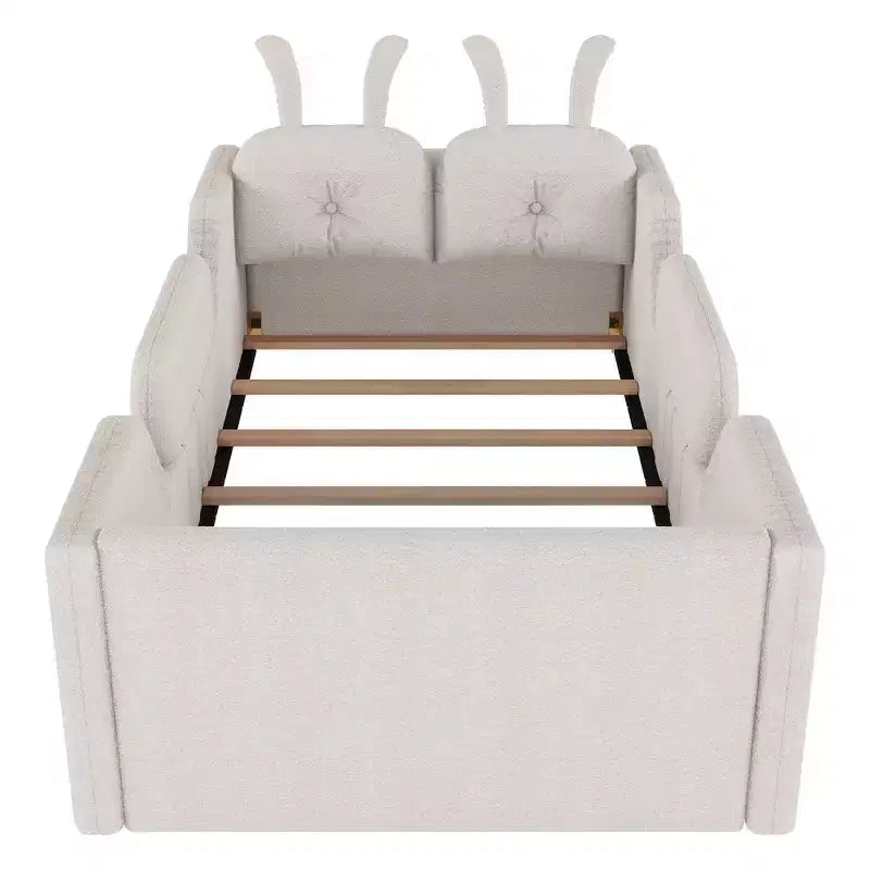 Whisen Twin Platform Bed, Kids Floor Upholstered Bed Frame with Rabbit Cushion, Removable Side Rails