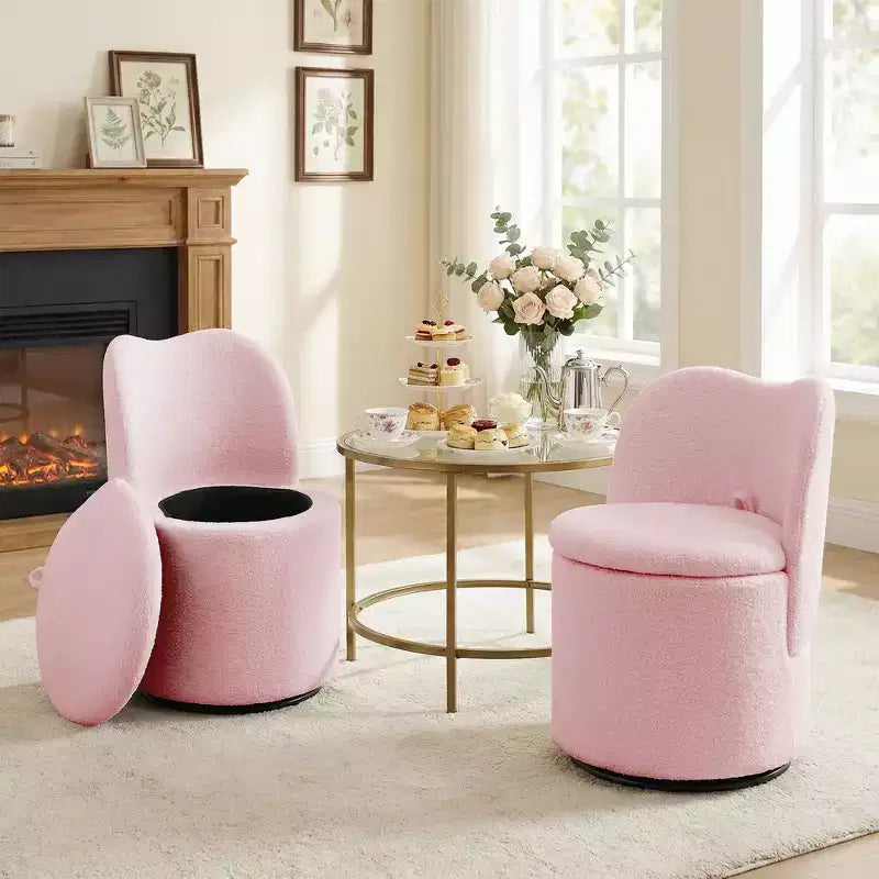 Swivel Vanity Chair with Storage, Upholstered Round Makeup Stool with Back, Soft Padded Barrel Accent Armchair for Bedroom & Living Room