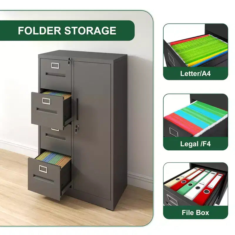 Metal Storage Vertical Filing Cabinet with Lock, Steel File Locker with 4 Drawers