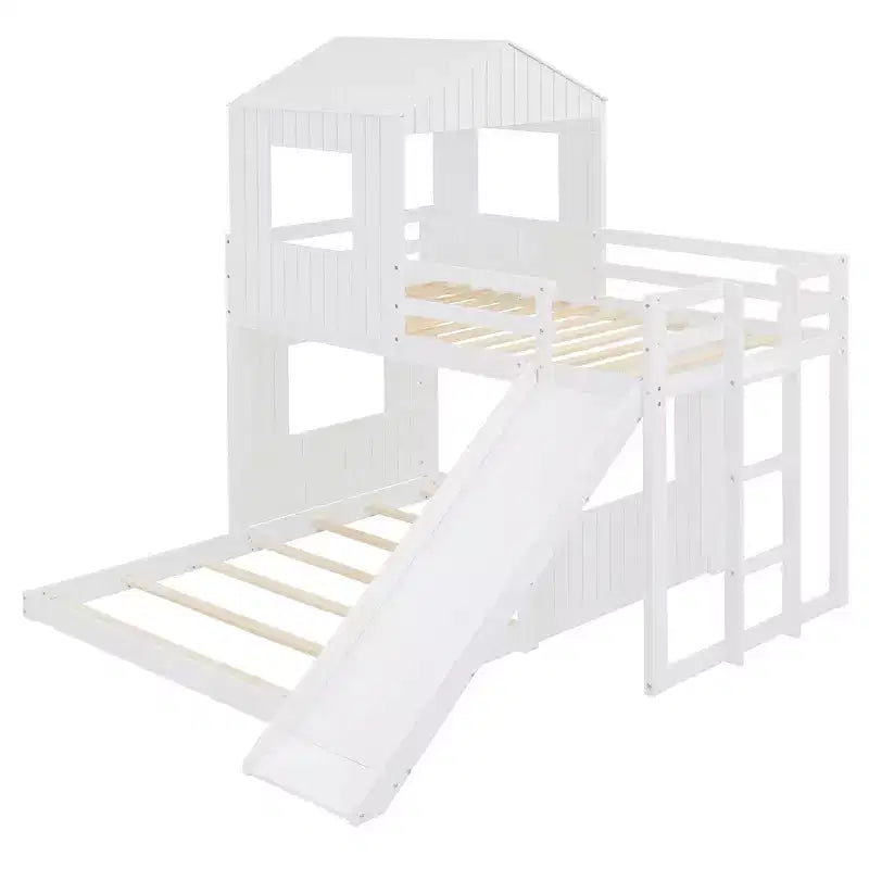 Luxystar Twin Over Full Wood Bunk Bed with Playhouse, Slide and Guardrails