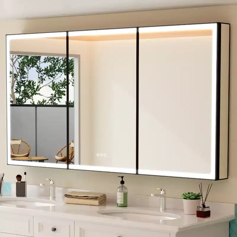 Bathroom Medicine Cabinet with LED Mirror, Surface or Recessed Mount, Dimmable Light, Anti-Fog, Adjustable Shelving