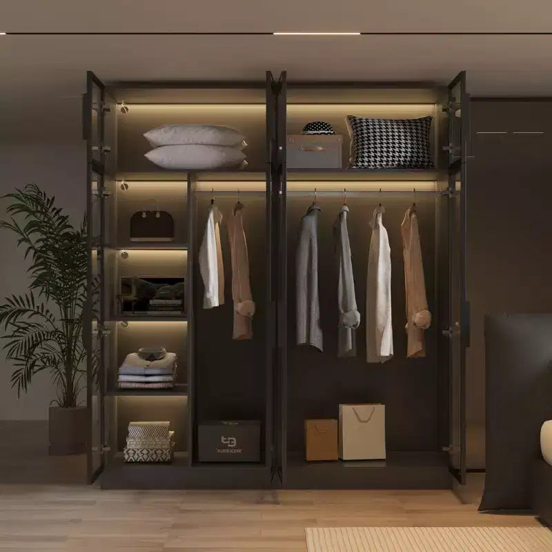 Hitow Pure Black Luxury Armoire with Tempered Glass Doors 3-Color LED Wardrobe Floor-to-Ceiling Bedroom Closet Organizer Dressing Room Closet