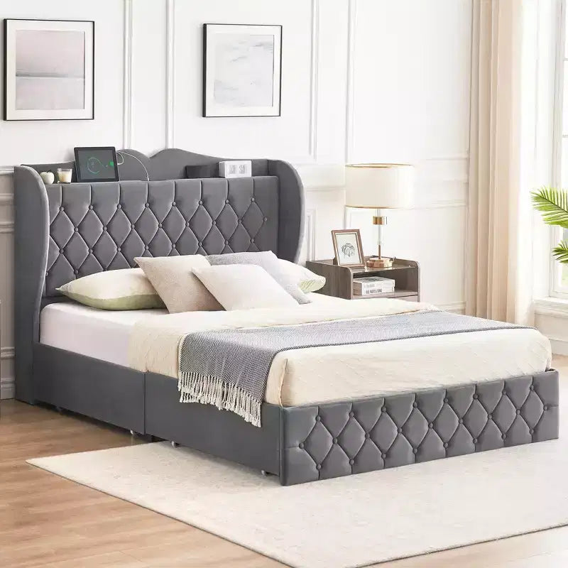 Bed Frame with 4 Storage Drawers and Charging Station, Velvet Button Tufted Upholstered Platform Bed with Tall Headboard and Storage Shelf