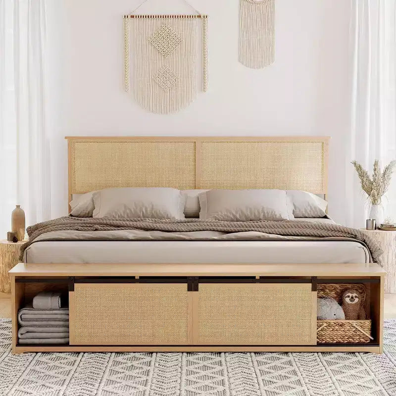 Boho Farmhouse Natural Rattan Bed Frame, Sliding Barn Door Storage and LED Light Headboard, Solid Wood Support Legs.