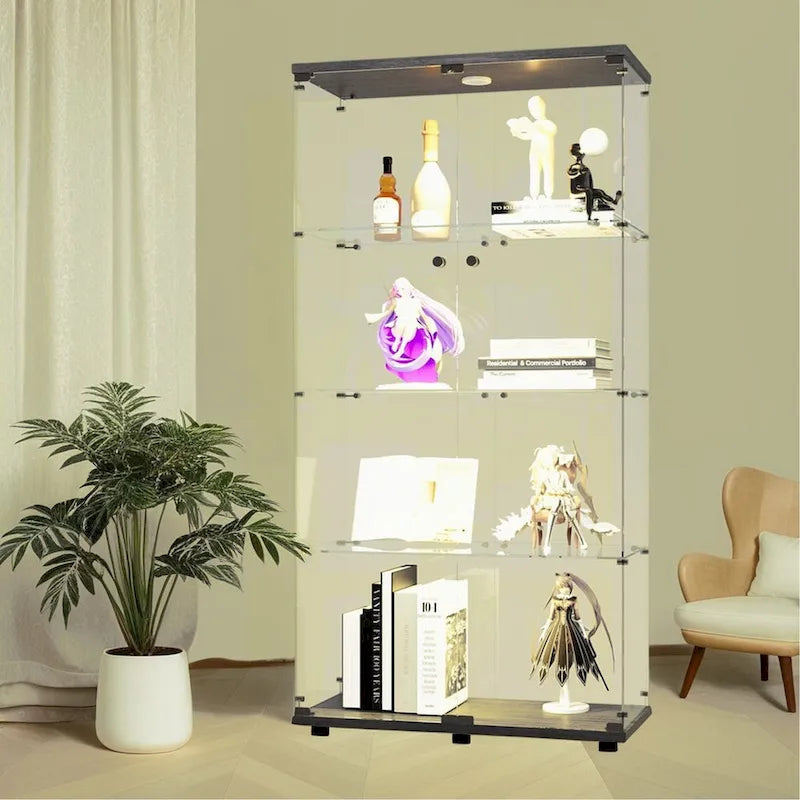 Lighted Two Door Glass Cabinet Glass Display Cabinet with 4 Shelves, Black