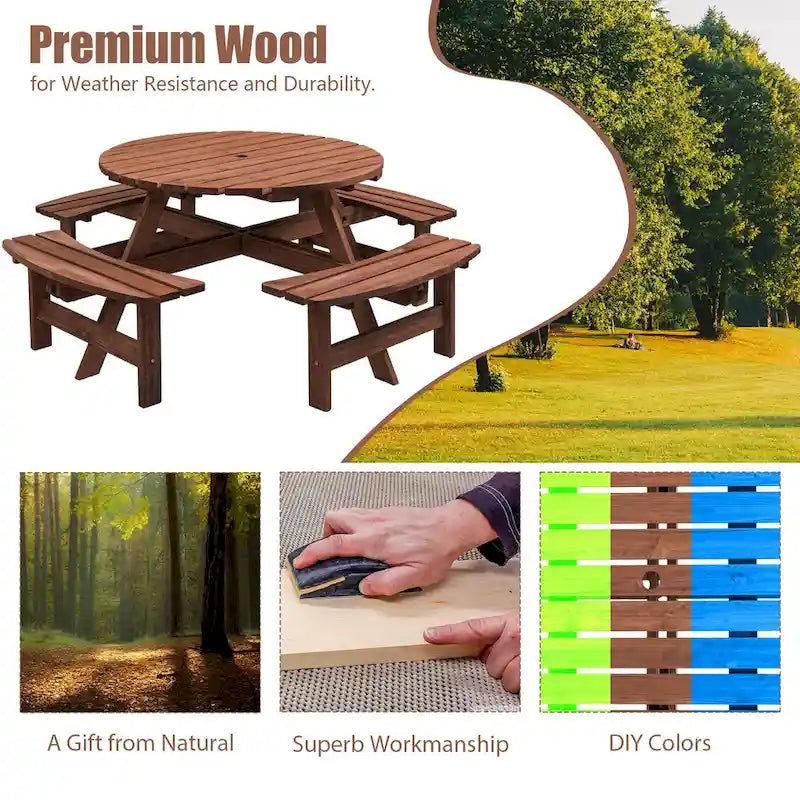 8-Person Outdoor Patio Fir Wood Round Picnic Dining Set with 4 Built-in Benches and Umbrella Hole