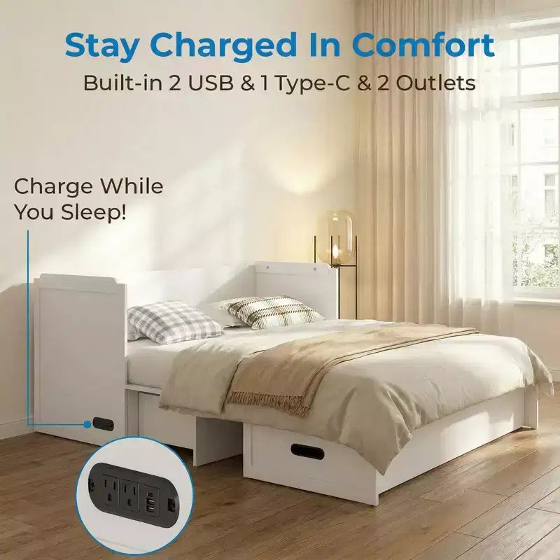 Mjkone Queen Size Convertible Murphy Cabinet Bed with Mattress, USB Charging, Storage Drawers