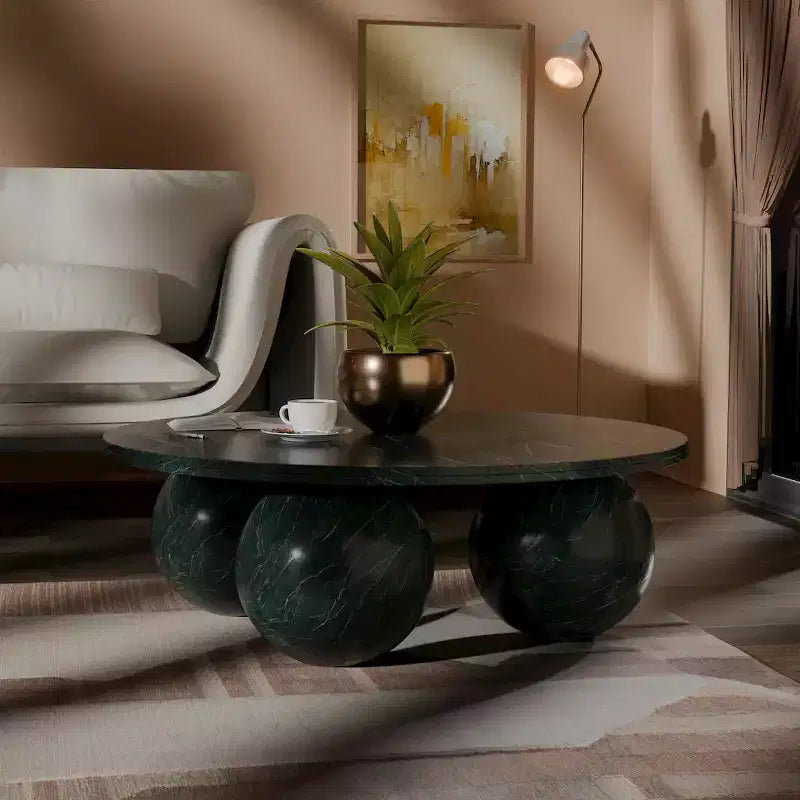 Round Marble Coffee Table with Sphere Legs, Multicolor, Seats 4鈥?