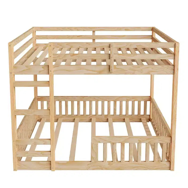 Full over Full Wooden Bunk Bed with Ladder and Guardrails, Low Floor Full Size Bunk Beds with Slats Support