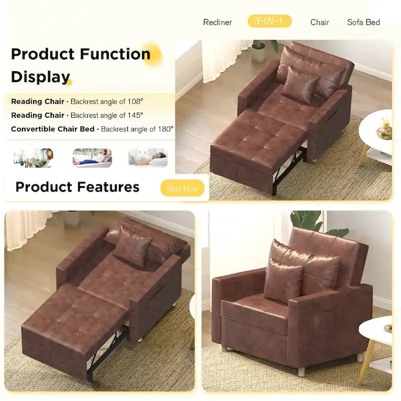 Adjustable Sleeper Chair Bed, 3-in-1 Convertible, Multiple Colors, Fits 1 Person
