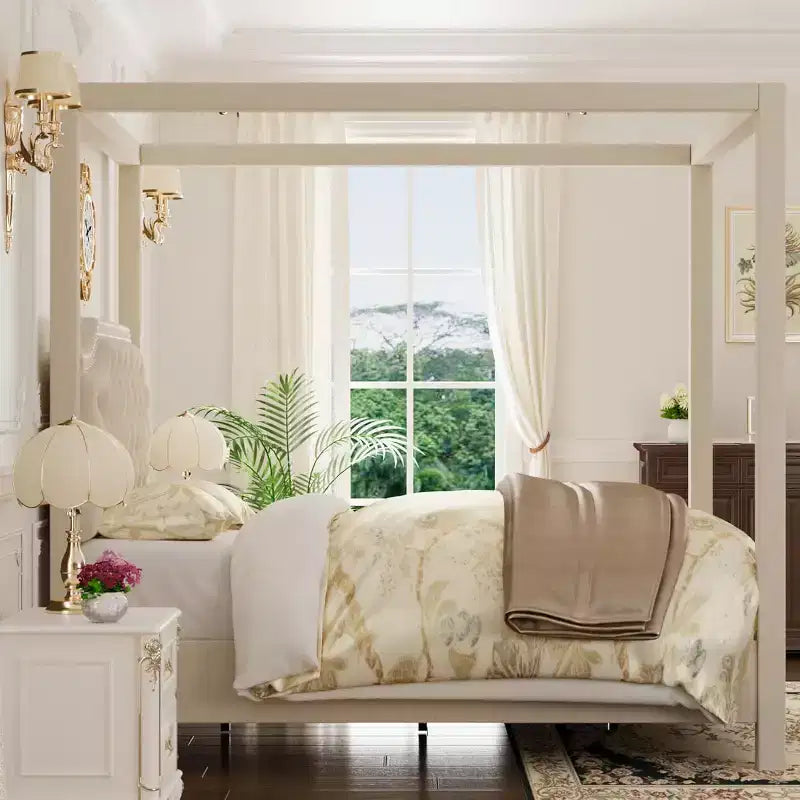 Queen Size Canopy Bed Frame with Poles 4 Corner Bed Bracket, Solid Wood Slats Support, No Box Spring Needed, Noise Free