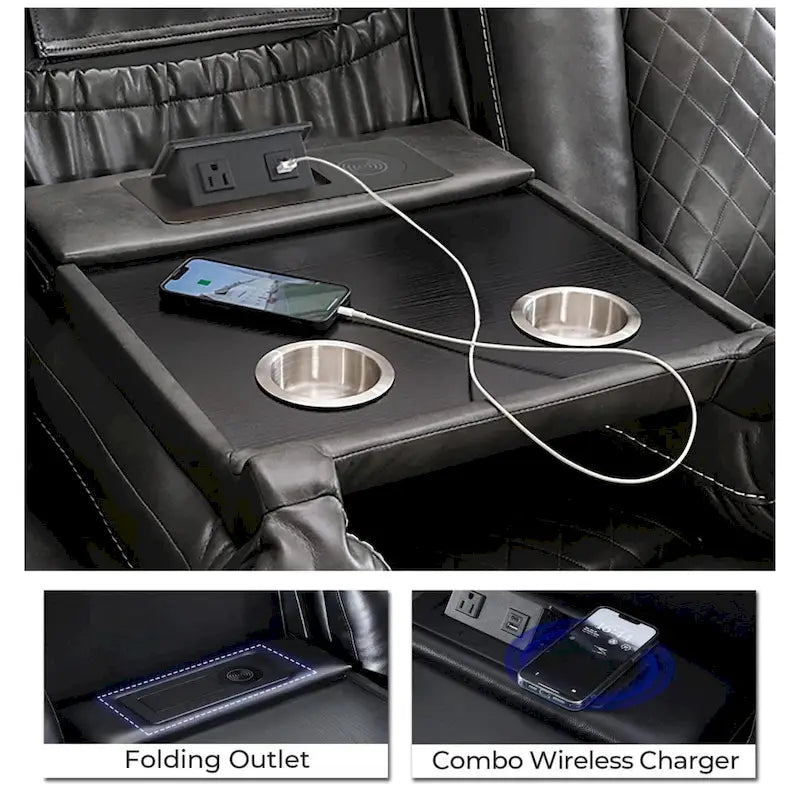 Power Reclining Sofa with Wireless Charger,Reading Light for Living Room,Faux Leather LED Light,AC/USB Port,Cup Holder,Black