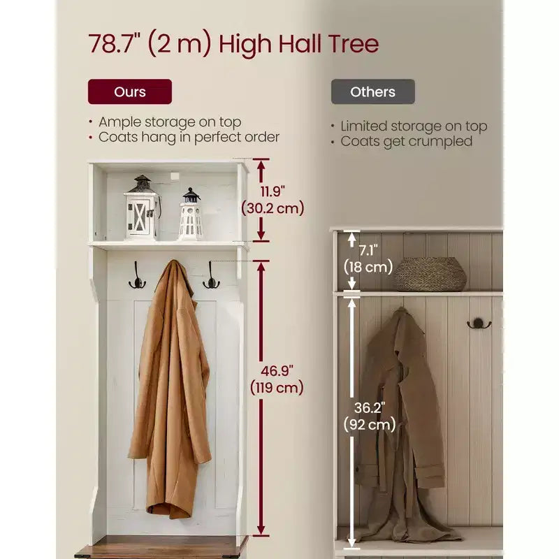 Hall Tree with Bench and Shoe Storage, Coat Rack with Shoe Bench, Entryway Furniture, 3 Tri-Hooks, Door with Handle, Rustic White