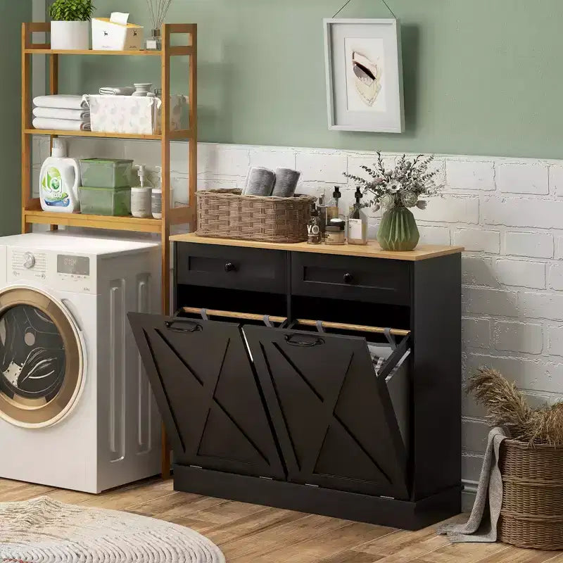 HOMCOM Tilt Out Laundry Hamper Cabinet Bathroom Storage Cabinet with 2 Removable Baskets and 2 Drawers