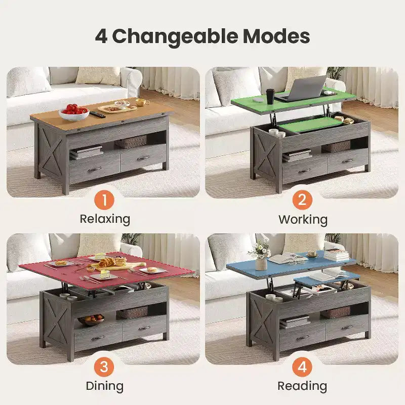 Lift up coffee table with storage space, farmhouse style coffee table, coffee table with two drawers, living room and home office coffee table