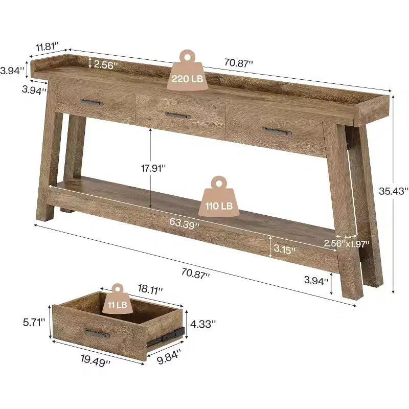 Lantine 2-Tier Sofa Table with 3 Drawers, 70.9 Console Table with Raised Baffle and Storage Shelves for Living Room, Hallway, Entryway