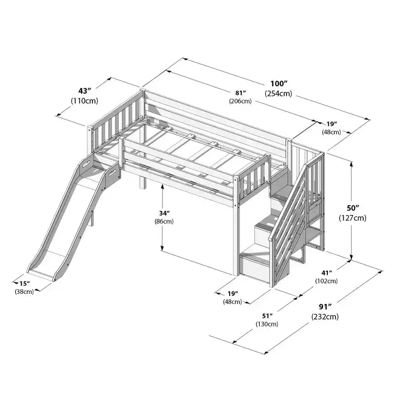 Kids Twin Low Loft Bed with Slide & Stairs, Solid Wood, 14 Guardrails, 400 lb Capacity